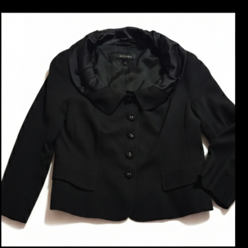 Escada 40 Sz 10 Black Wool Gabardine 3/4 Princess Blazer Jacket Silk Ch…